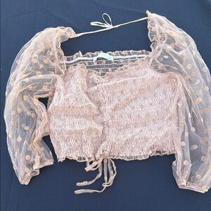 O. Vianca Smocked Polka Dot Mesh Puff Sleeve Crop Top - , Large